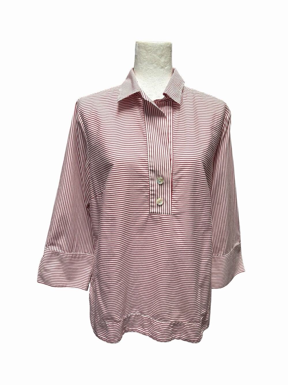 Hinson Wu Red White Stripe Popover Shirt Blouse 100% Cotton Luxury Size 12